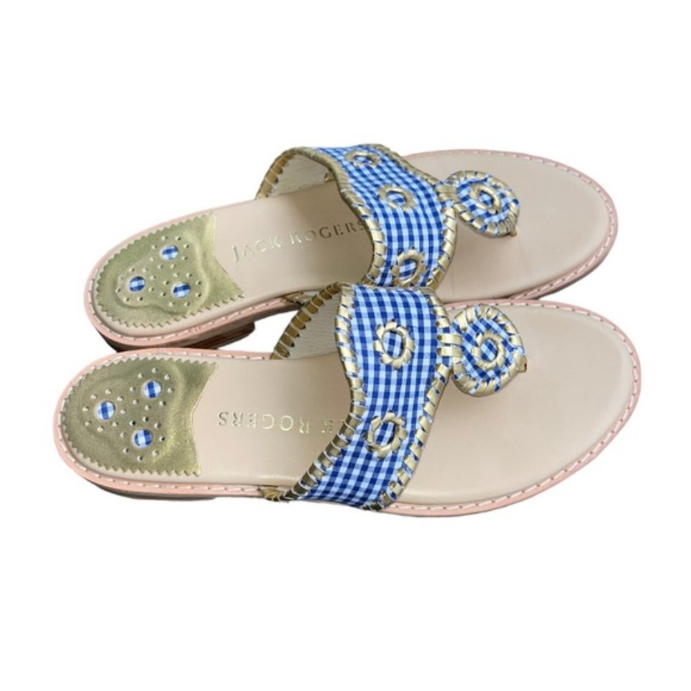 Jack Rogers Jacks II Flat Sandal Gingham Gingham/Gold Size 8.5 - Picture 2 of 8